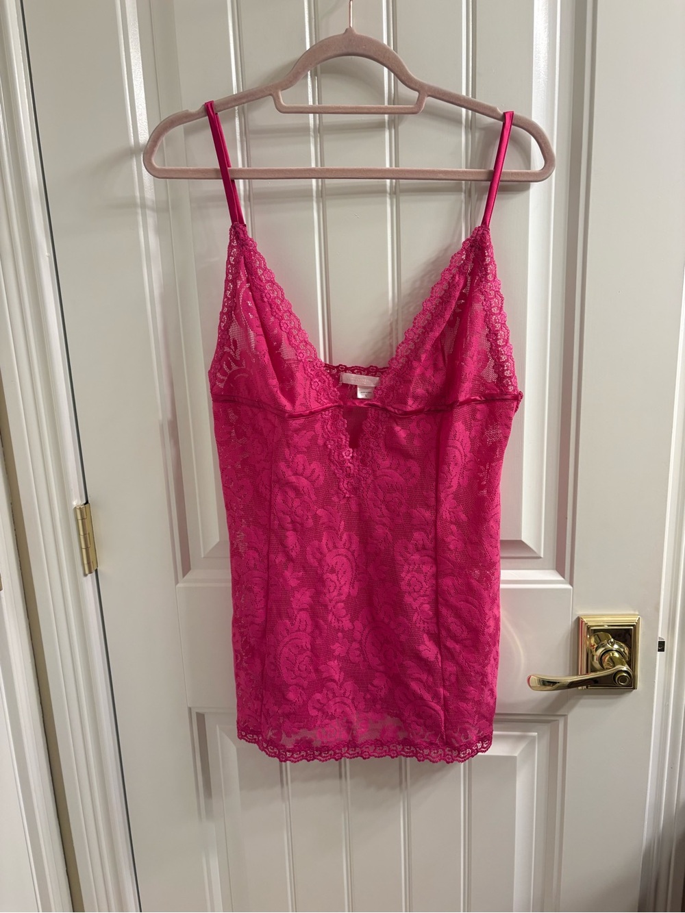 Victoria’s Secret Hot Pink Lace Slip Dress Nightie Y2K Size L EUC Plunge